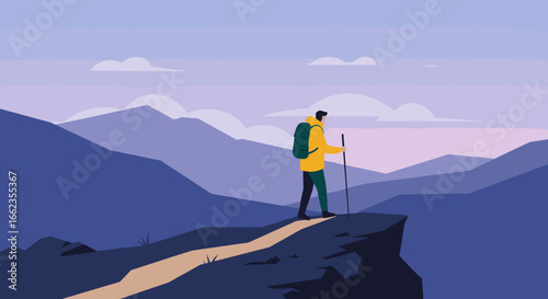 Mountain hiking adventure scenic landscapes digital illustration peaceful environment perspective of a hiker. Vector illustration