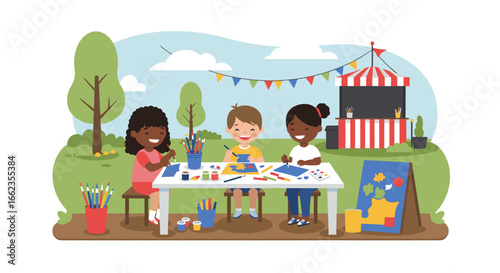Creative art session for kids outdoor park digital illustration sunny environment playful viewpoint. Vector illustration
