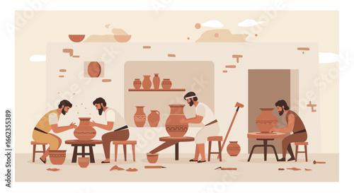 Crafting pottery traditional artisans at work in a rustic studio creative process in a warm environment. Vector illustration
