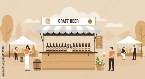 Craft beer festival outdoor venue illustration event warm atmosphere social gathering. Vector illustration