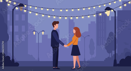 Romantic evening stroll city park digital illustration twilight setting couple embracing. Vector illustration