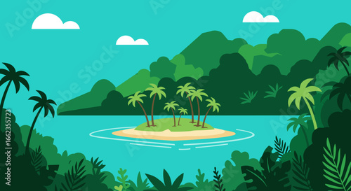 Tropical island adventure lush green landscape art serene environment aerial view nature concept. Vector illustration