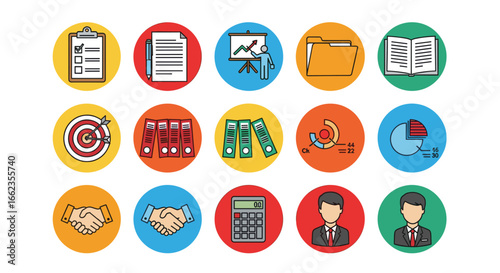 Business and Office Management Icons Set - Planning, Data Analysis, Finance, File Organization, Teamwork, Strategy, Marketing, Professional Growth, Business Operations