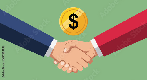 Business Deal and Investment Concept - Handshake with Dollar Coin, Financial Agreement, Partnership, Corporate Deal, Investment Opportunity, Business Growth, Success