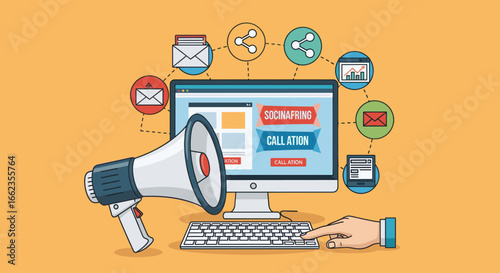 Social Media Marketing Campaign with Call to Action - Megaphone, Computer Screen, Email, Social Sharing Icons, Digital Marketing, Online Promotion, Digital Advertisement Concept