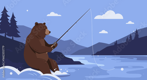 Bear fishing in tranquil river landscape nature scene wildlife illustration serene environment outdoor view. Vector illustration