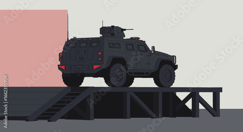 Military vehicle maneuvering on ramp urban setting digital illustration action environment side view tactical concept. Vector illustration
