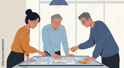 Collaborative business strategy meeting office digital table professional environment close-up view teamwork concept. Vector illustration