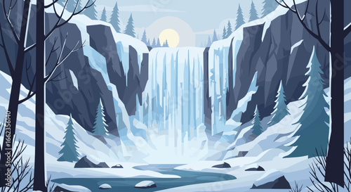 Majestic ice waterfall cascading down rocky cliffs winter landscape digital art serene environment aerial perspective. Vector illustration