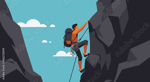 Climbing adventure rocky mountains illustration clear sky side view outdoor enthusiasm. Vector illustration