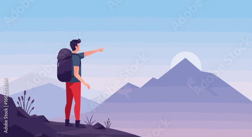 Adventure enthusiast pointing at majestic mountains outdoor landscape serene environment inspirational view. Vector illustration