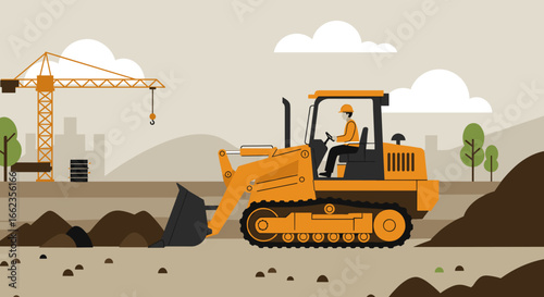 Construction machinery digging earth in urban setting illustration industrial environment side view. Vector illustration