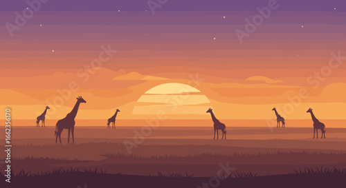 Giraffes grazing under a vibrant sunset african savanna digital artwork serene landscape wide angle view nature's beauty. Vector illustration
