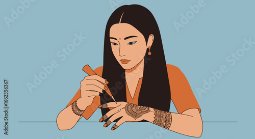 Henna art application cultural event studio setting creative workspace close-up viewpoint artistry in focus. Vector illustration