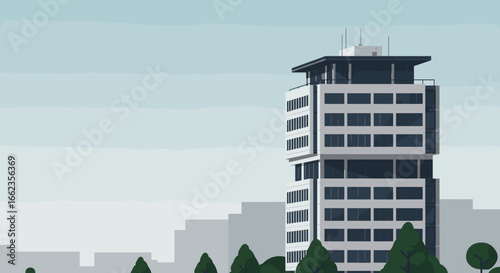 Modern office building skyline urban cityscape digital illustration daytime aerial view contemporary design. Vector illustration