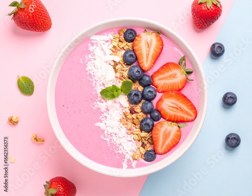 Colorful smoothie bowl with fresh strawberries, blueberries, granola and coconut on pastel background
