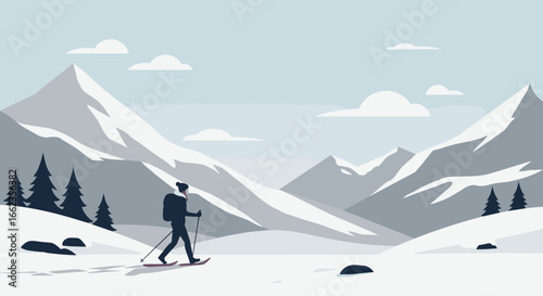 Skiing adventure in majestic mountains digital illustration winter landscape serene viewpoint. Vector illustration