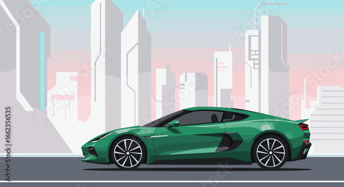 Futuristic green sports car urban cityscape art digital environment side view modern concept. Vector illustration