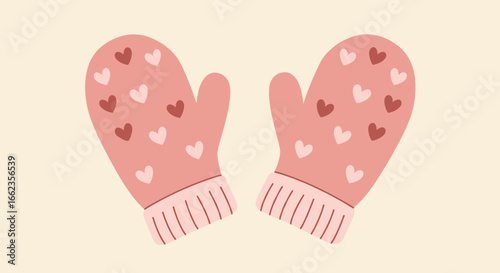 Cozy winter activity home digital illustration warm atmosphere close-up heart patterned mittens. Vector illustration