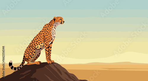 Cheetah observing the horizon african savanna wildlife illustration tranquil landscape side view natural concept. Vector illustration