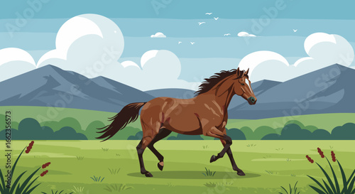 Galloping horse in a scenic meadow nature illustration outdoor landscape vibrant environment. Vector illustration