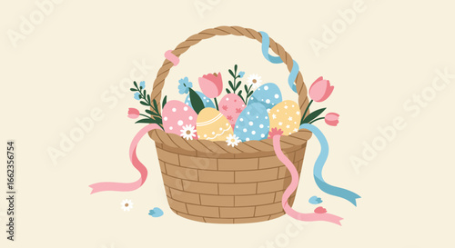 Easter celebration basket with colorful eggs and flowers springtime decor digital illustration cheerful environment. Vector illustration