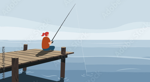Fishing adventure fishing pier digital illustration calm water side view serenity and leisure. Vector illustration