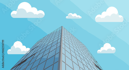 Modern skyscraper design urban cityscape digital illustration bright day low angle architectural concept. Vector illustration