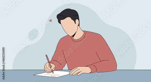 Writing in focus a young man engaged in creative expression minimalist setting digital illustration calm environment. Vector illustration