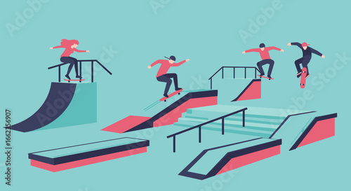 Skateboarding tricks and stunts urban skate park digital illustration vibrant colors aerial view youthful energy. Vector illustration