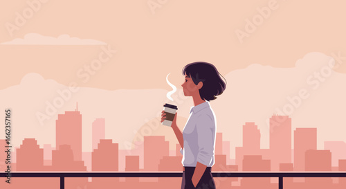 Enjoying coffee at sunrise cityscape digital art urban environment side view lifestyle inspiration. Vector illustration