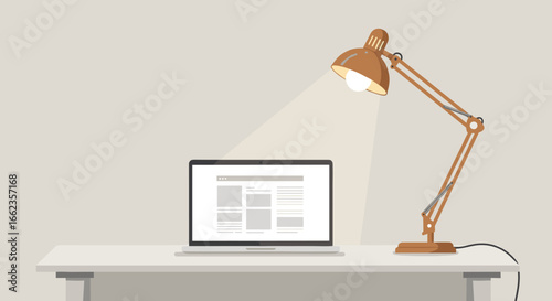 Workspace inspiration modern desk setup with lamp and laptop minimalist design bright environment overhead view. Vector illustration