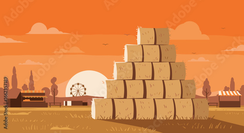 Sunset over hay bales farm landscape digital art rural environment wide angle view agriculture concept. Vector illustration