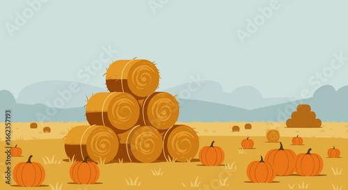 Harvest festival in the pumpkin patch rural setting digital illustration autumn vibes aerial view seasonal joy. Vector illustration