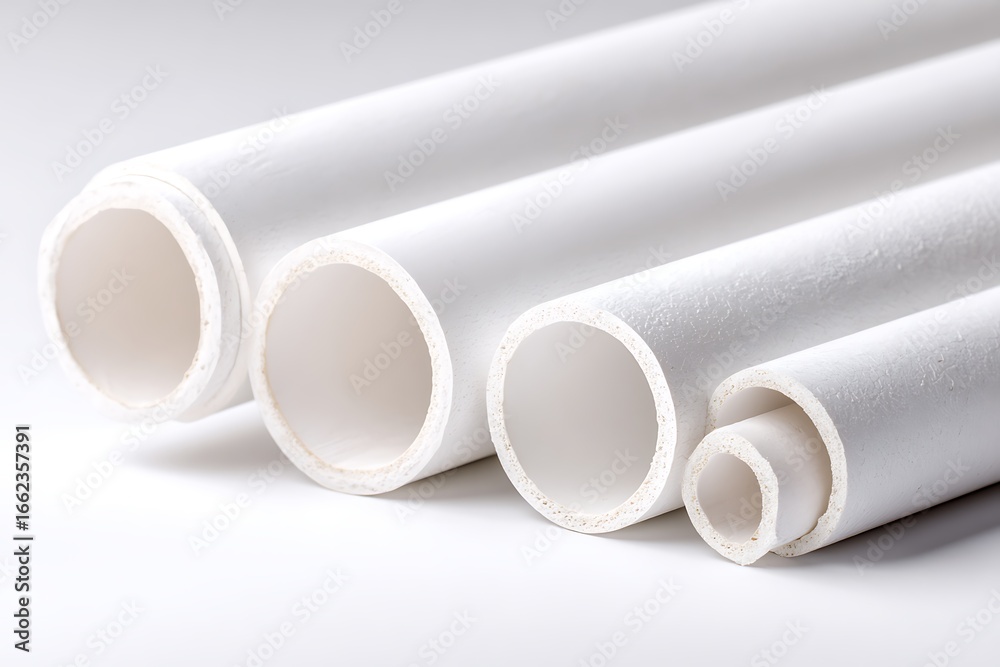 Fototapeta premium White PVC Pipes of Various Diameters Arranged on White Surface in Studio Lighting