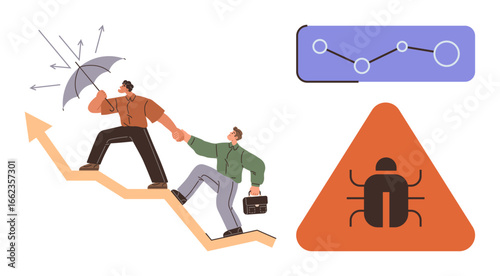 Two people climbing upward arrow while shielding from risks, graph data, and warning sign. Ideal for teamwork, growth, risk management, leadership, challenge, data analysis problem resolution