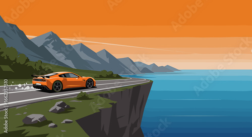 Driving an orange sports car along a coastal road at sunset scenic landscape vibrant environment dynamic view. Vector illustration