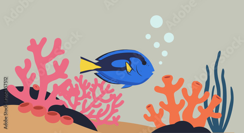 Colorful fish swimming among coral reefs underwater scene animated style vibrant ocean environment. Vector illustration