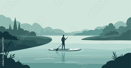 Paddleboarding adventure on tranquil river scenic landscape minimalist art style serene environment. Vector illustration