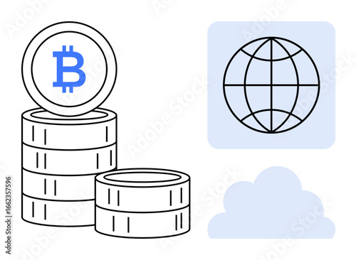 Bitcoin coins stacked near a globe and cloud, highlighting cryptocurrency, blockchain, global digital economy. Ideal for finance, technology, innovation, globalization, investment fintech digital