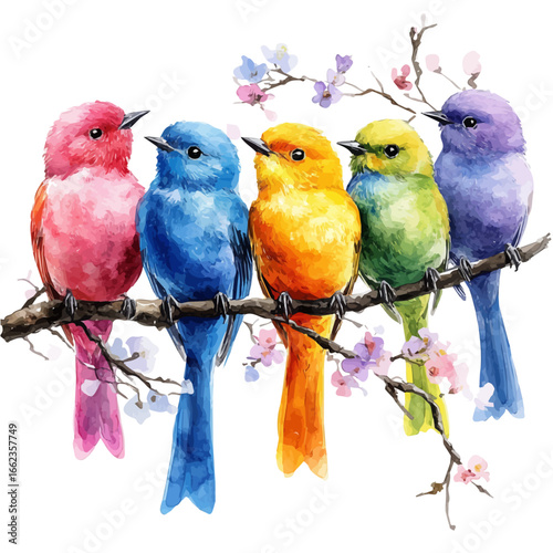 Colorful Birds Spring Trees, watercolor vector, isolated on a white background.