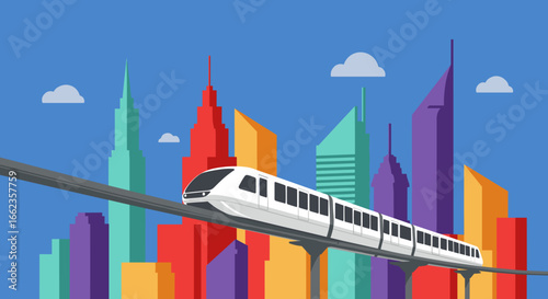 Modern monorail journey through colorful cityscape urban transport digital art daytime aerial view futuristic concept. Vector illustration