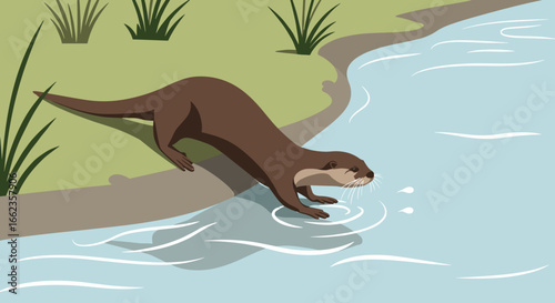Otter hunting for fish riverbank illustration natural habitat side view wildlife behavior. Vector illustration