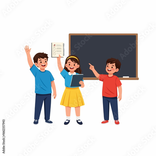 Three cheerful elementary school children actively participate in a classroom lesson near a chalkboard, showcasing enthusiasm for learning.
