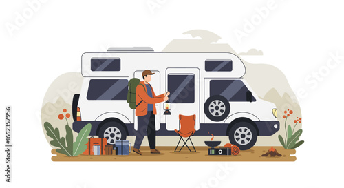 Camping adventure with a camper van in nature outdoor activities scenic landscape vibrant environment. Vector illustration