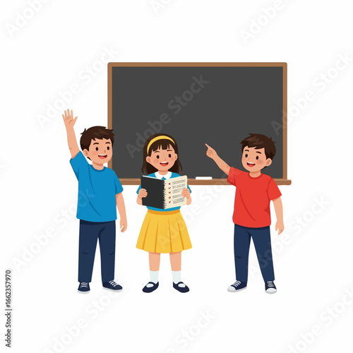 Three cheerful elementary school children actively participate in a classroom lesson, standing before a blank chalkboard, radiating enthusiasm for learning.