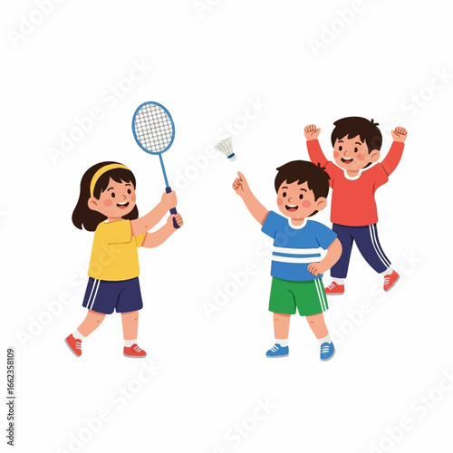 Joyful children play badminton outdoors, a girl serves while two boys excitedly watch, capturing a sunny, playful mood.