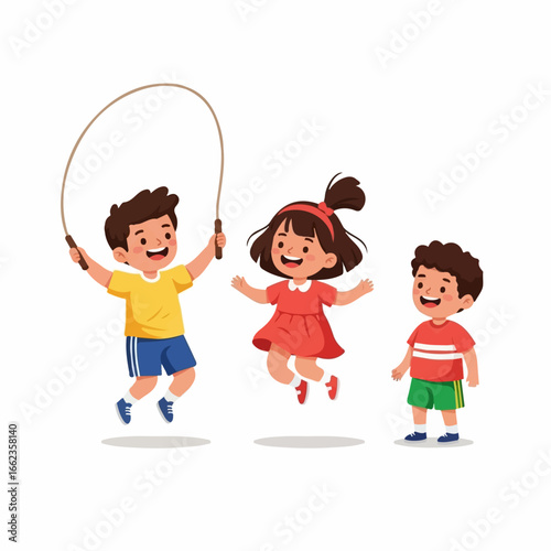 Three joyful children playfully jump rope outdoors on a sunny day, radiating carefree happiness.