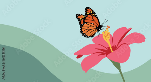 Butterfly pollinating flower nature scene digital art vibrant colors close-up view beauty of nature. Vector illustration