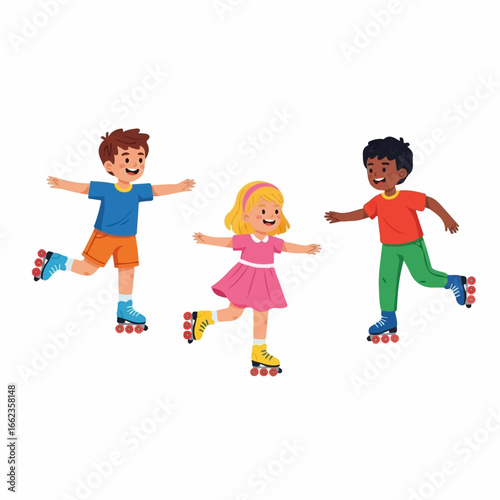 Three joyful children gleefully rollerblade together, showcasing vibrant energy and carefree summer fun against a clean white background.